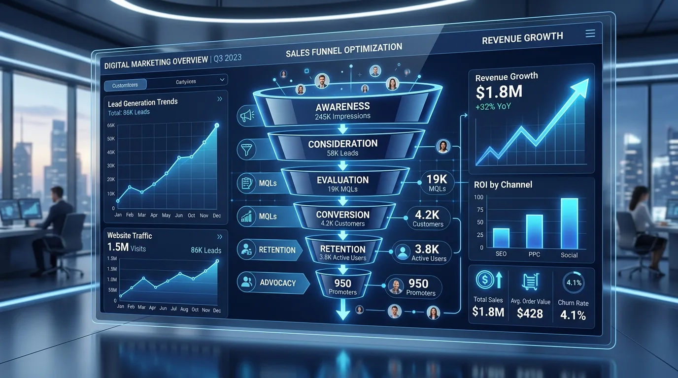 Comprehensive full-funnel marketing KPI framework showing performance metrics from awareness to retention.