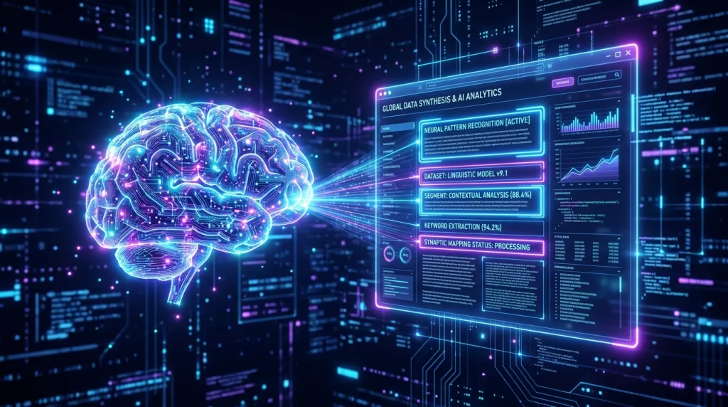 AI engine scanning structured website content and entity signals for GEO.