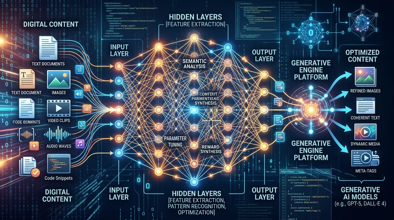 Concept illustration of neural network processing digital content for generative engine optimization