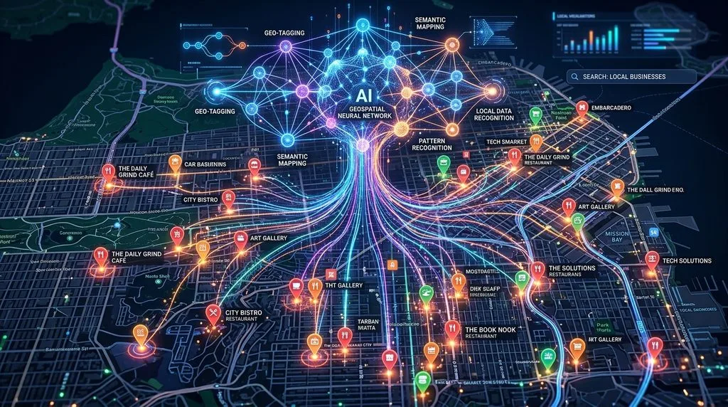 AI neural network connecting to local business map pins representing GEO.