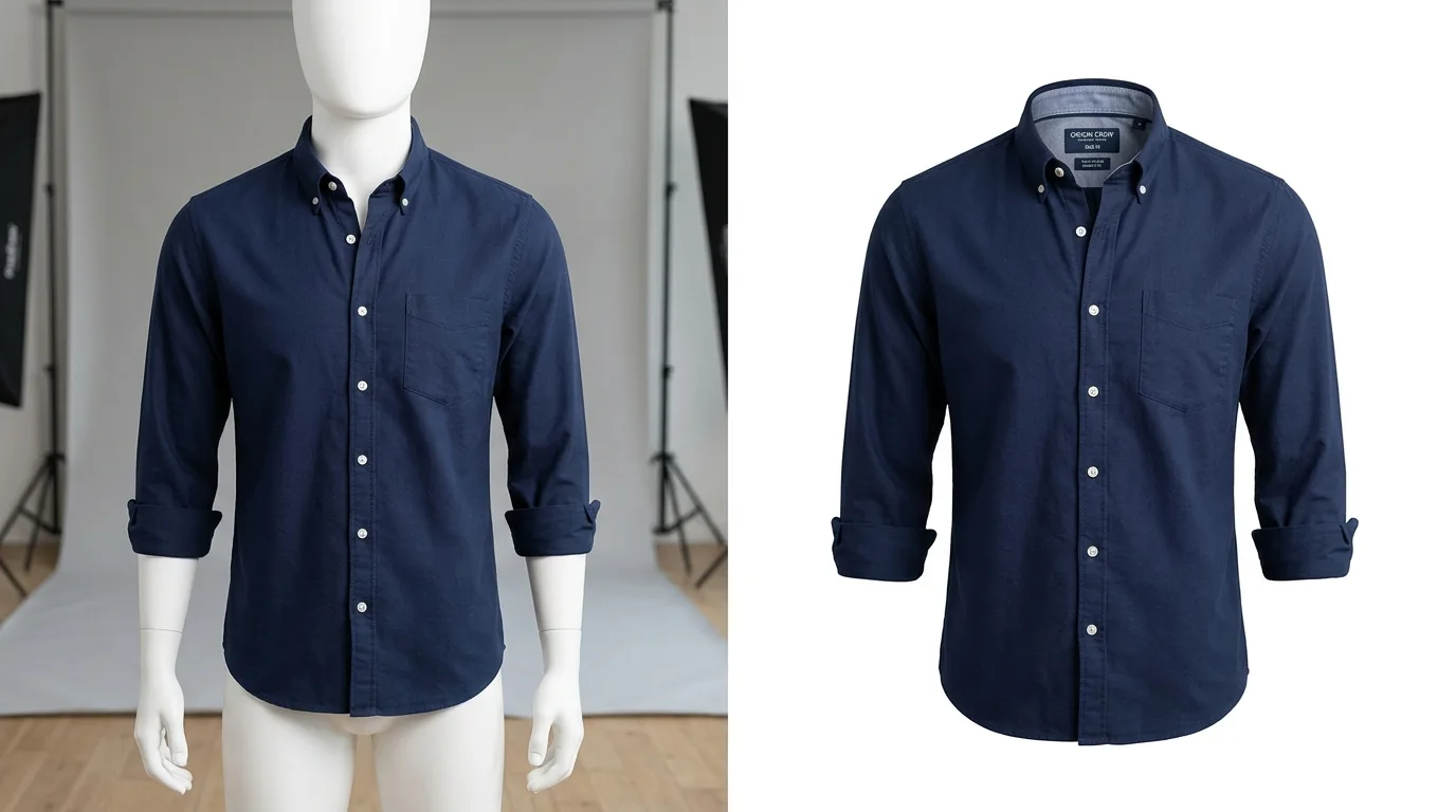 Side-by-side comparison of a t-shirt on a modular mannequin and the final edited ghost mannequin image.