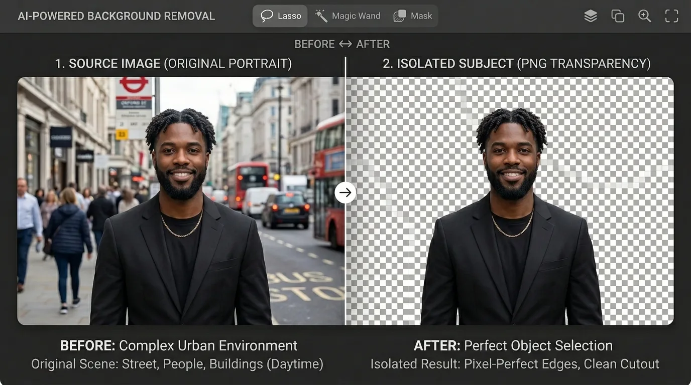 Split view of a subject before and after GIMP background removal showing transparent background.