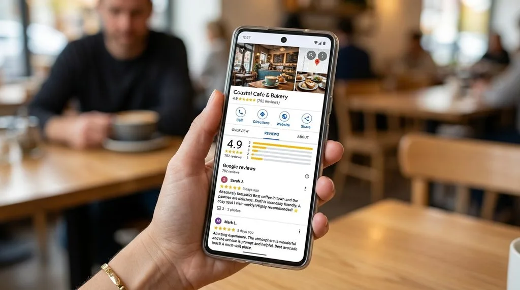 Optimized Google Business Profile displaying five-star reviews on a smartphone.