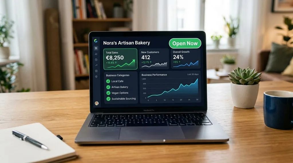 A laptop screen showing an optimized Google Business Profile dashboard with high engagement metrics.