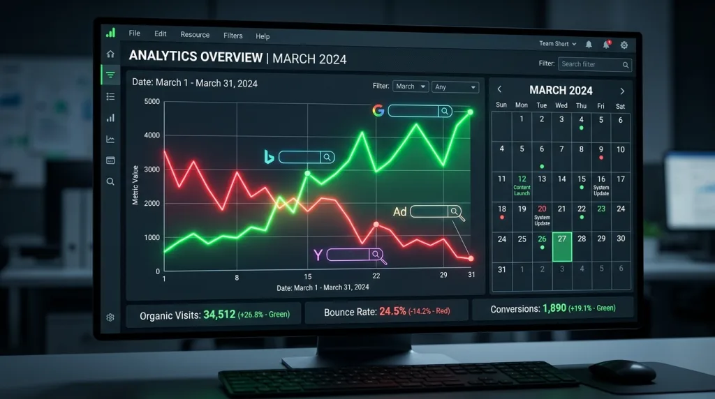 Analytics dashboard showing ranking volatility during a Google core update.