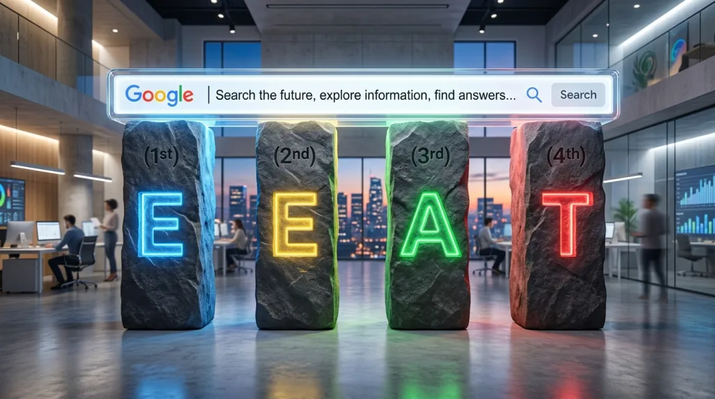The four pillars of Google EEAT Experience Expertise Authoritativeness Trustworthiness.