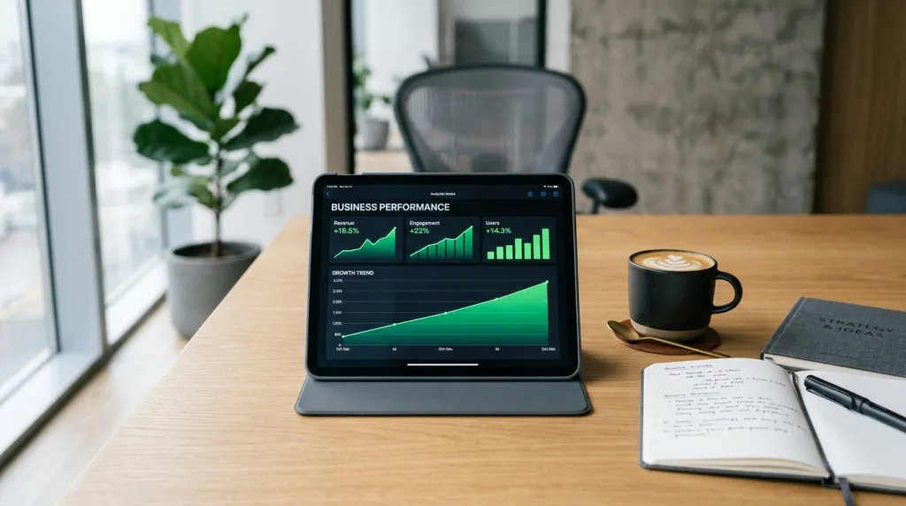 Tablet displaying positive growth analytics and conversion metrics on a desk