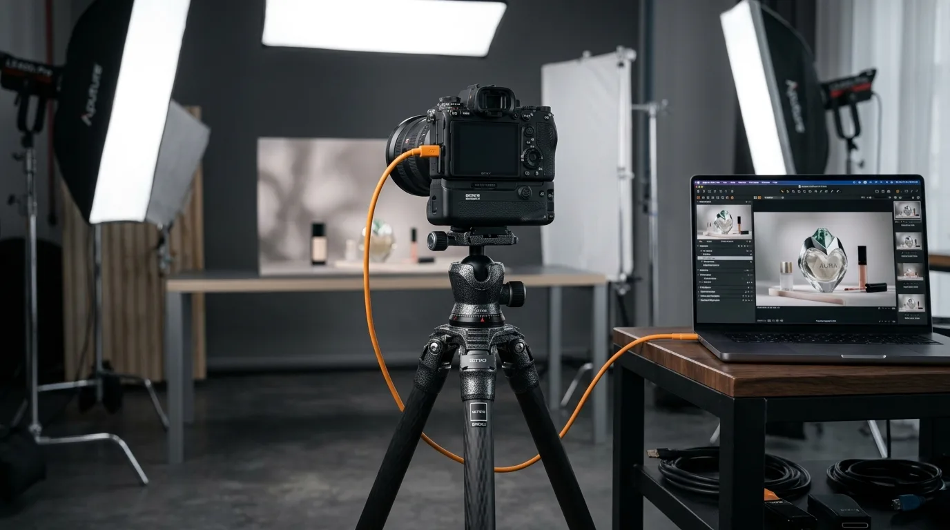 Professional mirrorless camera mounted on a tripod tethered to a laptop in a product photography studio setup.