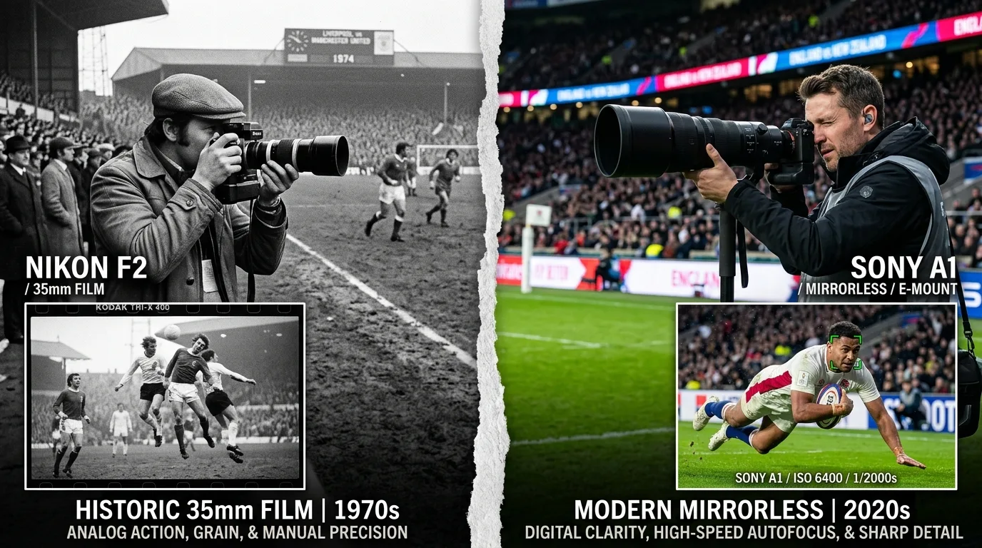 Dynamic split image showcasing historic 35mm film sports photography alongside modern high-speed mirrorless camera shooting.
