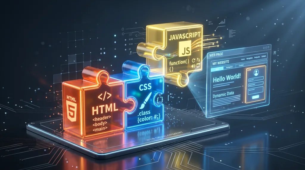 HTML, CSS, and JavaScript icons working together to build a website