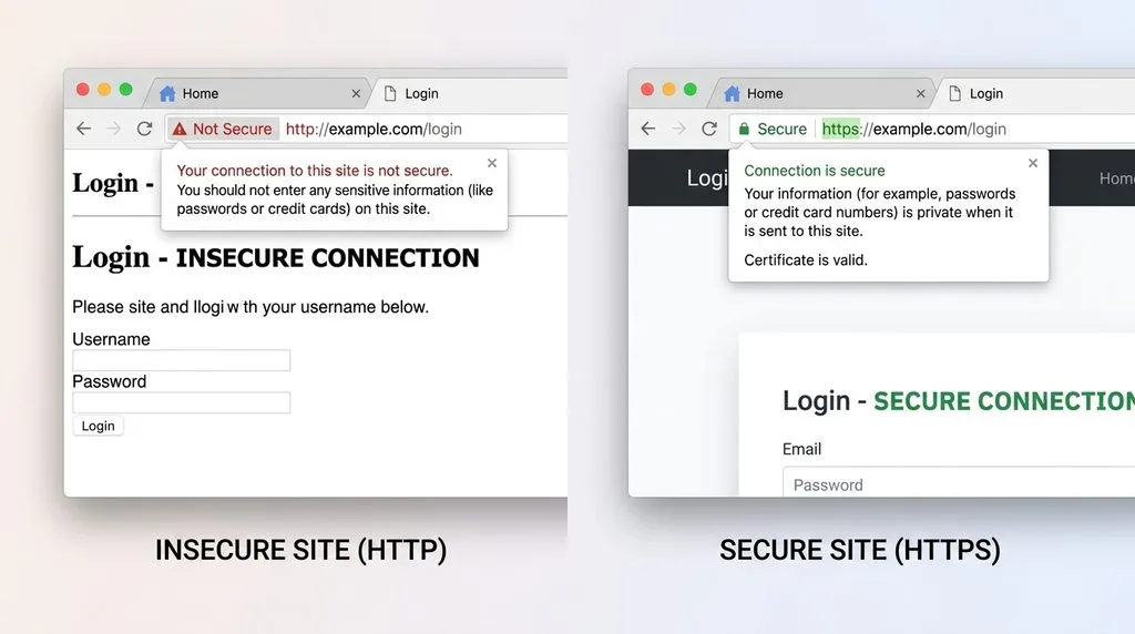 Address bar comparison between an insecure HTTP site and a secure HTTPS website.