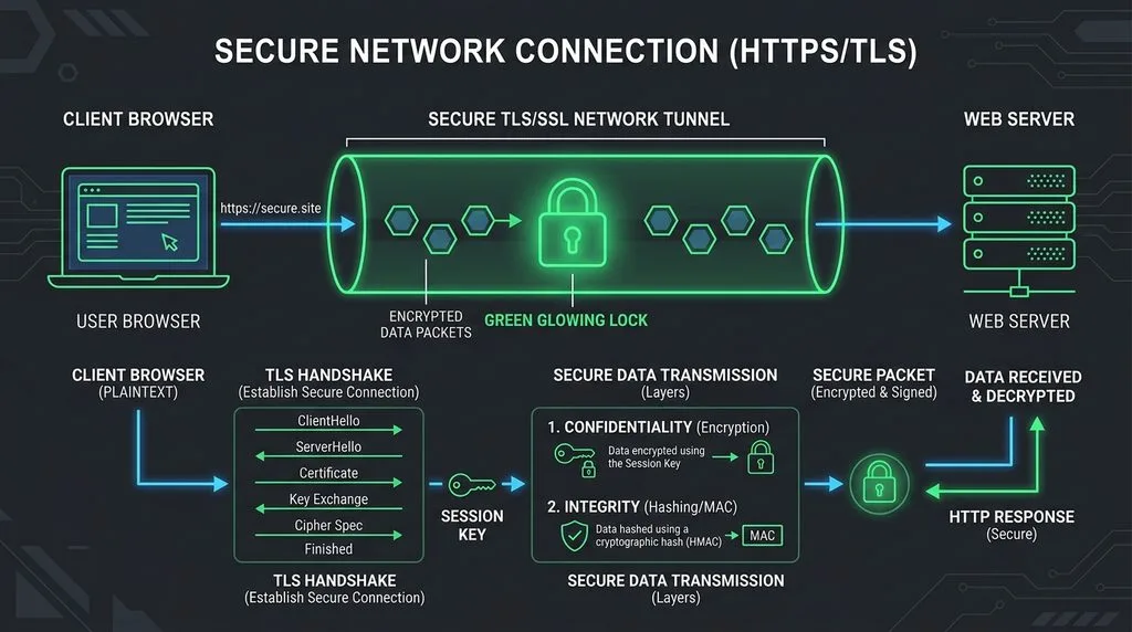  Technical illustration of HTTPS encryption securing data transfer between browser and server using TLS.