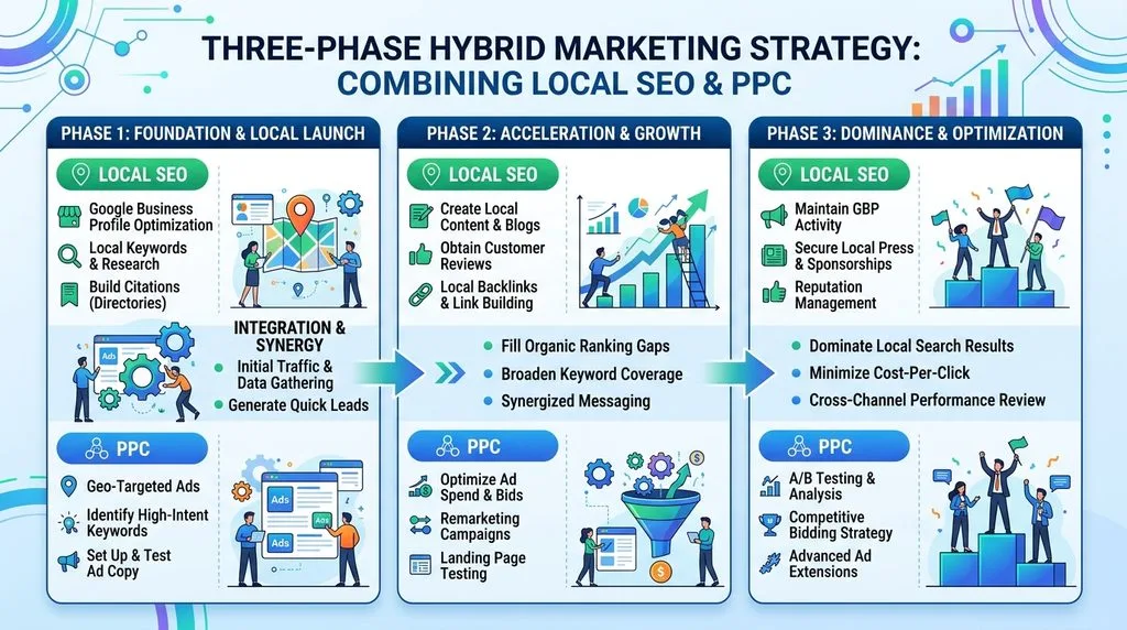 Infographic displaying a three-phase hybrid marketing strategy combining Local SEO and PPC.