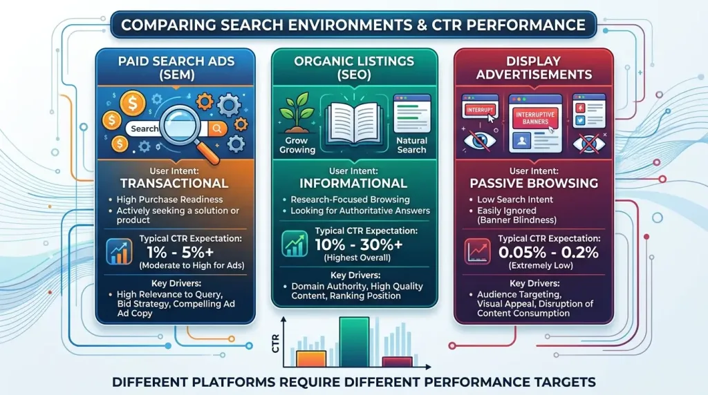 Comparing Search Environments: Paid Ads, Organic Ranks, and Display Networks