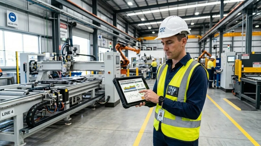 Plant manager reviewing digital manufacturing capability metrics on a tablet inside an industrial facility.