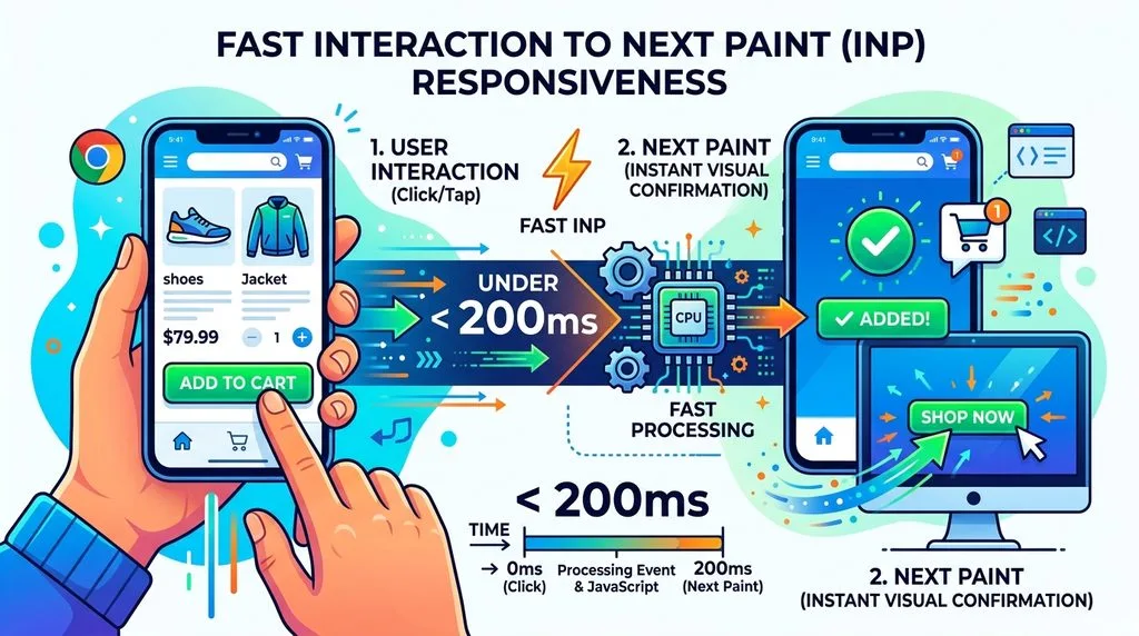 Illustration showing fast Interaction to Next Paint INP website responsiveness.