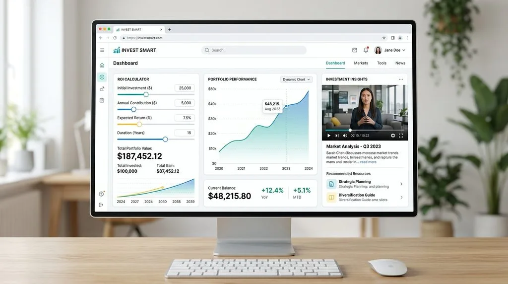 Modern interactive web features like calculators and video widgets on a website page.