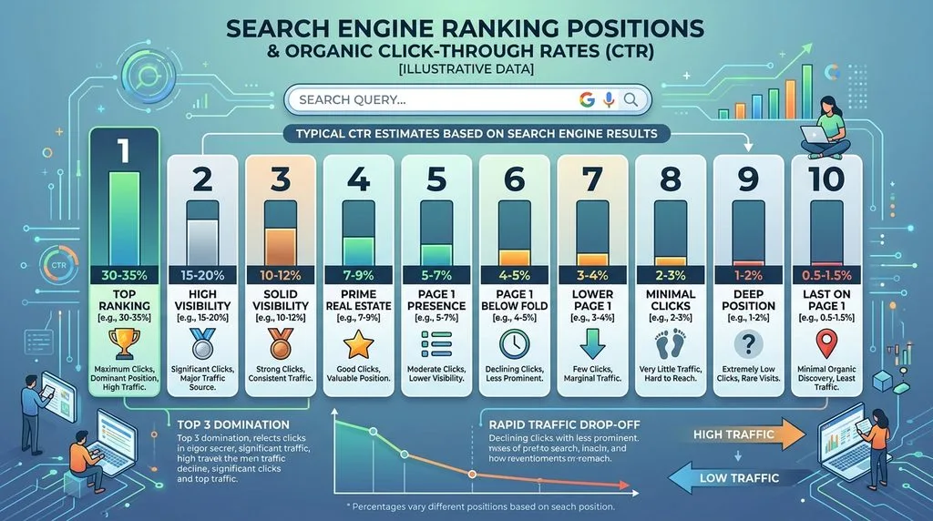 Search engine ranking positions and corresponding click-through rates diagram.