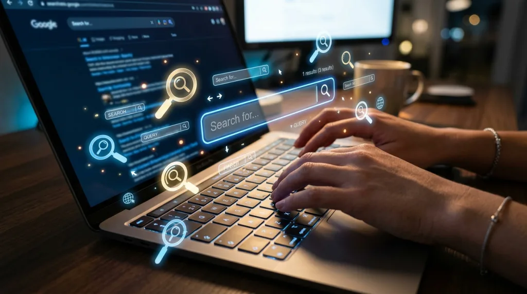 Hands typing on a keyboard searching for keywords.