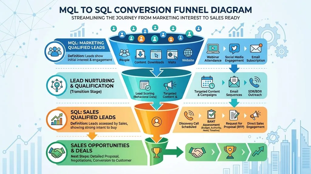 Sales and marketing funnel diagram showing MQL to SQL conversion stages.