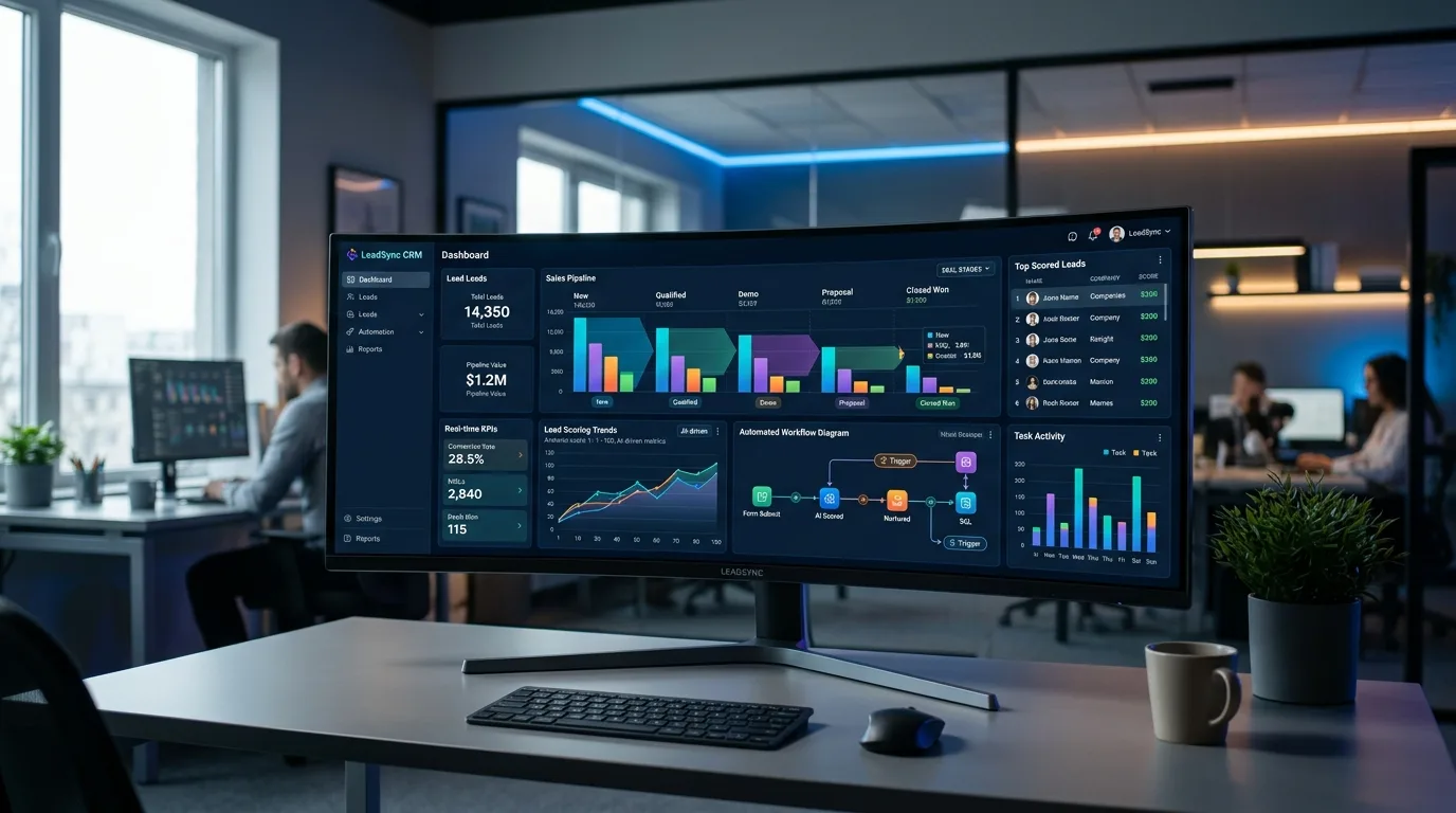 Modern lead management software dashboard displaying sales pipeline metrics and prospect scoring.