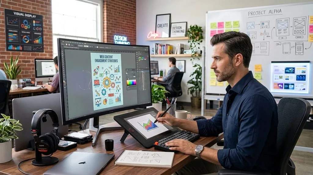 Content creator designing high-quality visual graphics and infographics for SEO.