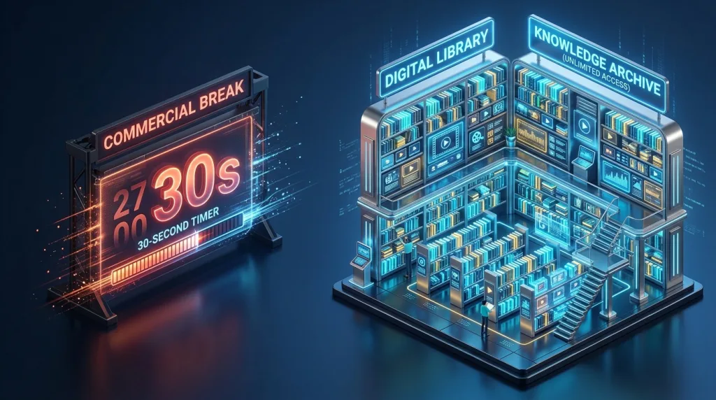 Visual metaphor comparing an open digital library repository with a short traditional advertisement