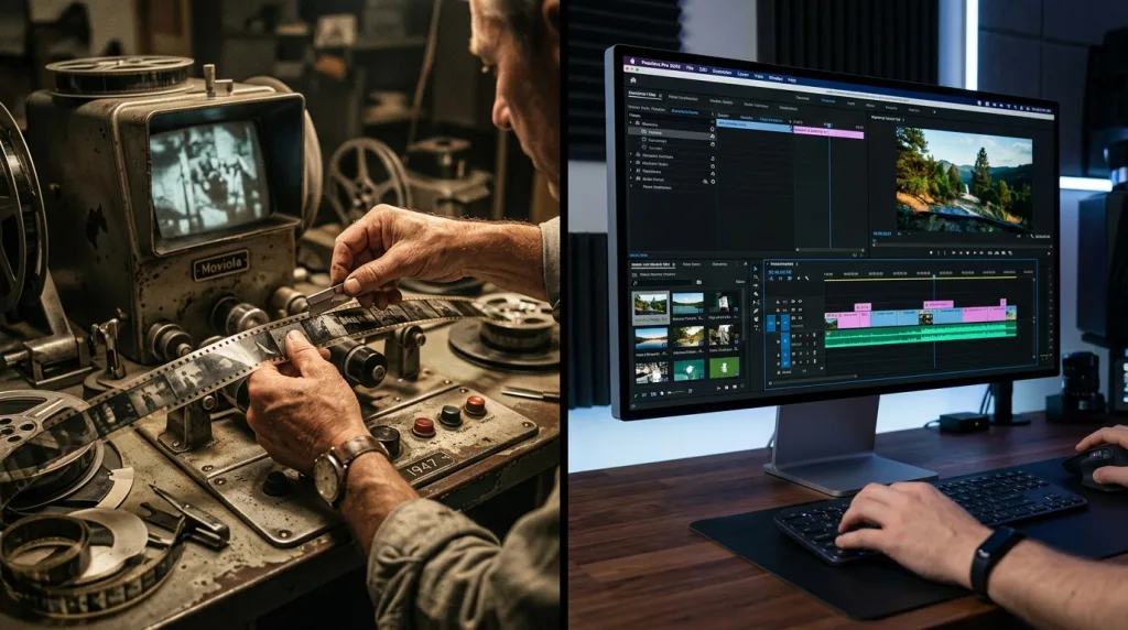 Side-by-side comparison of historical physical film splicing and modern digital video editing software.