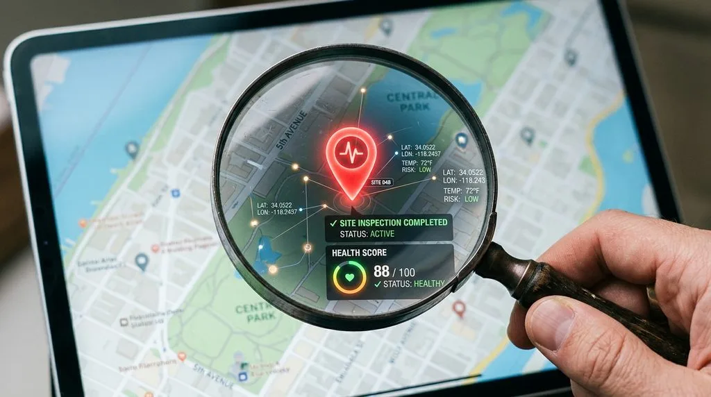 Magnifying glass examining a digital map pin and search data.