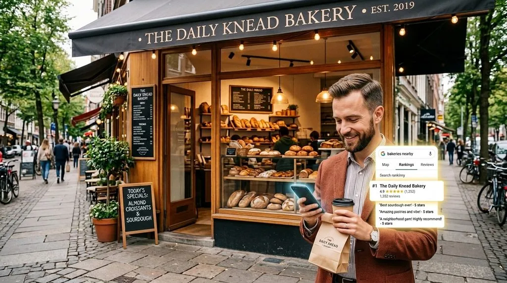 Local bakery storefront demonstrating search engine visibility and mobile customer reviews.