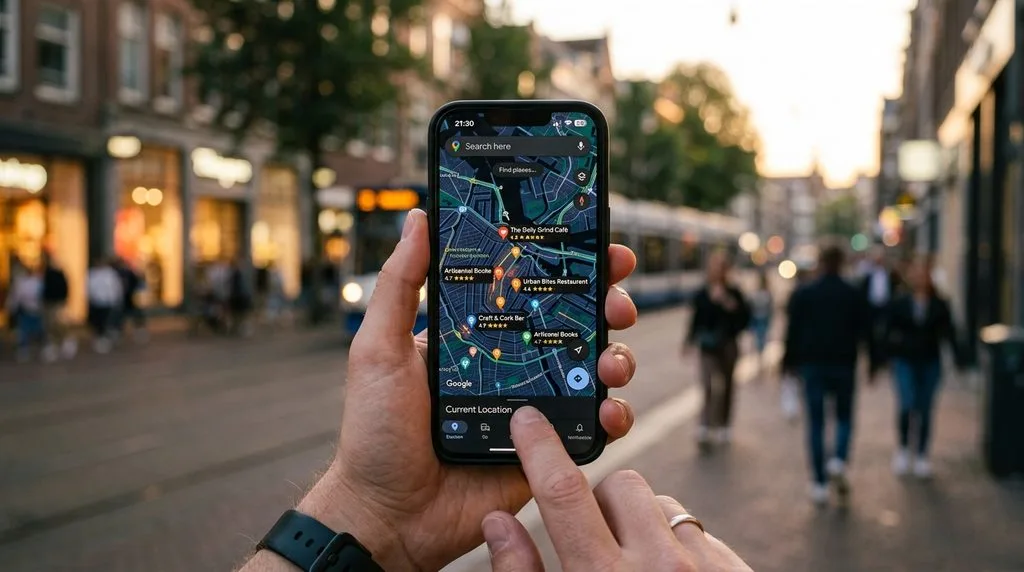 Smartphone displaying a map interface with local business location pins and search results.