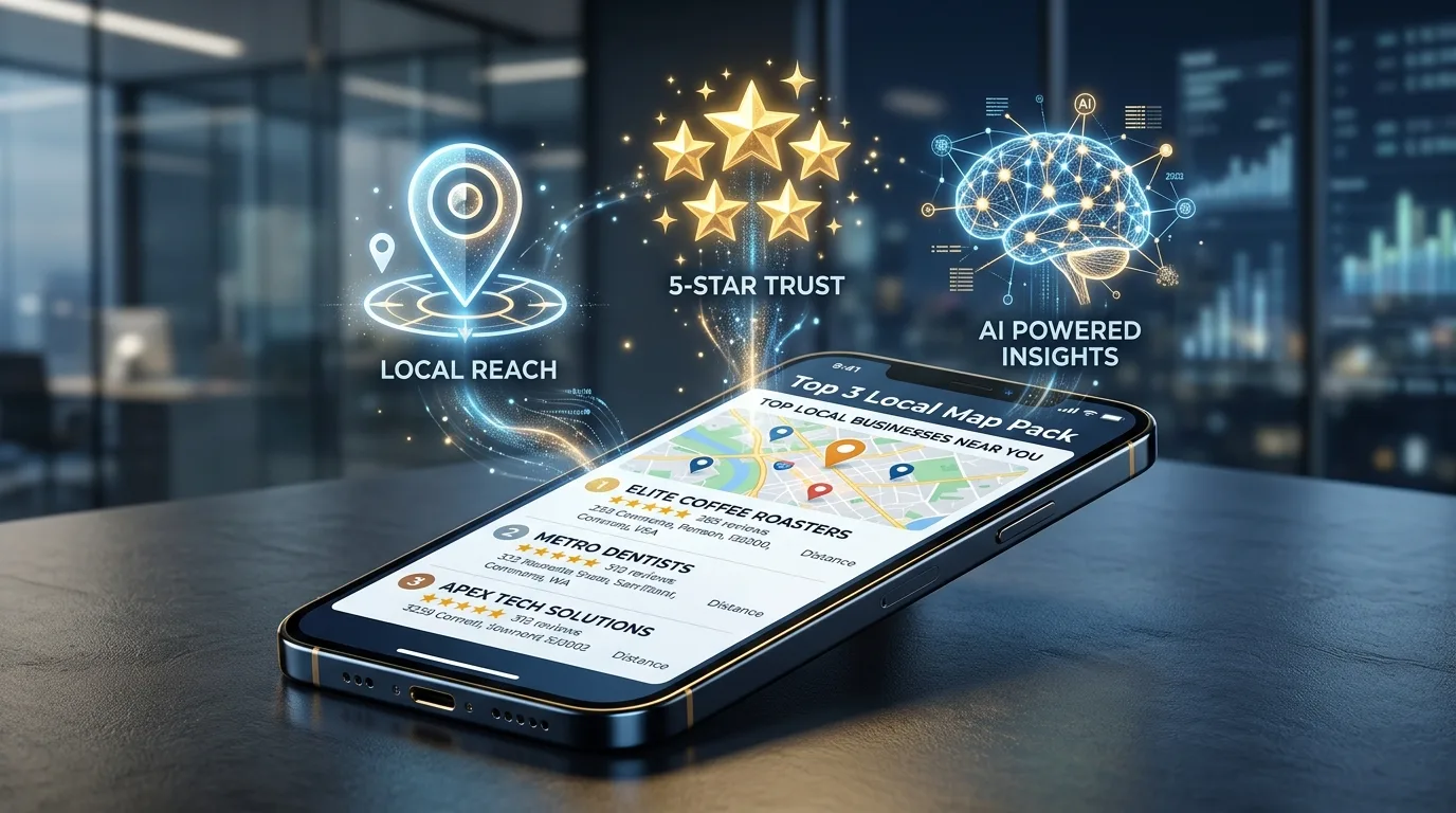 Smartphone displaying a local search map pack with glowing icons for 5-star reviews and map pins.
