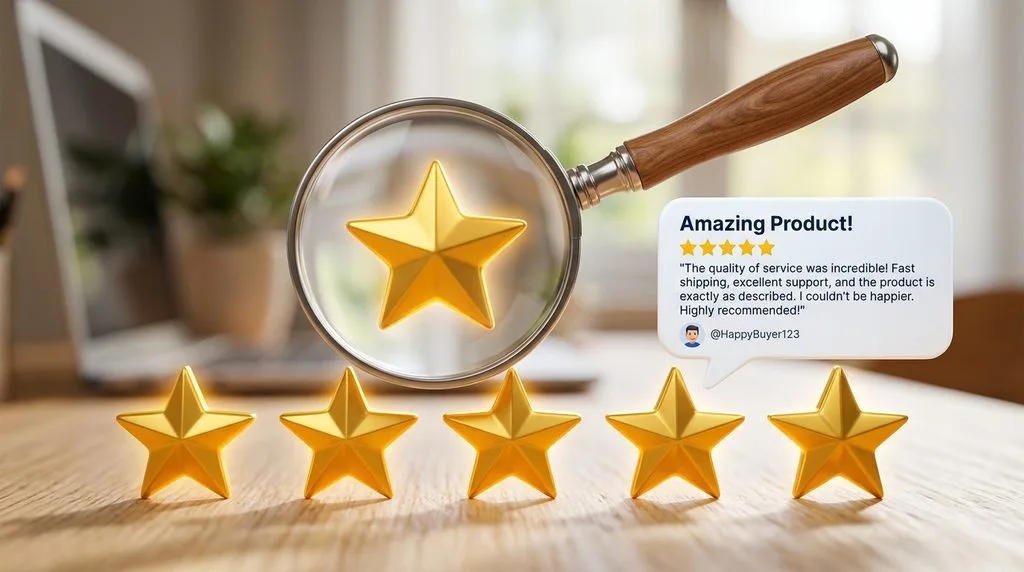 Golden 5-star ratings and a positive customer review text bubble.