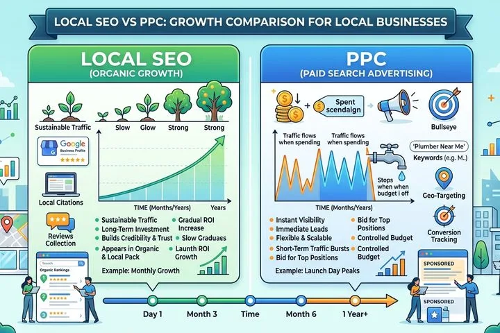 Visual representation comparing Local SEO organic growth with PPC paid search advertising for local businesses.