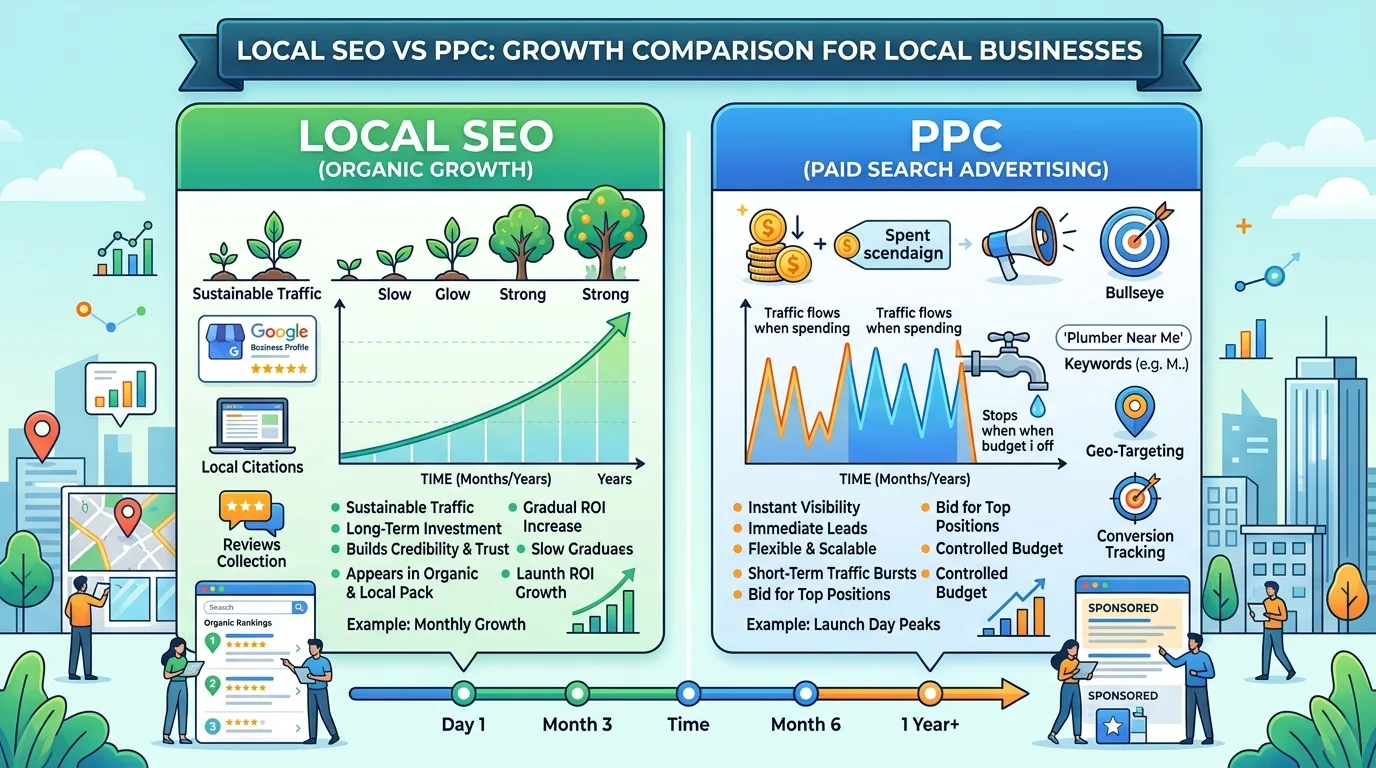 Visual representation comparing Local SEO organic growth with PPC paid search advertising for local businesses.