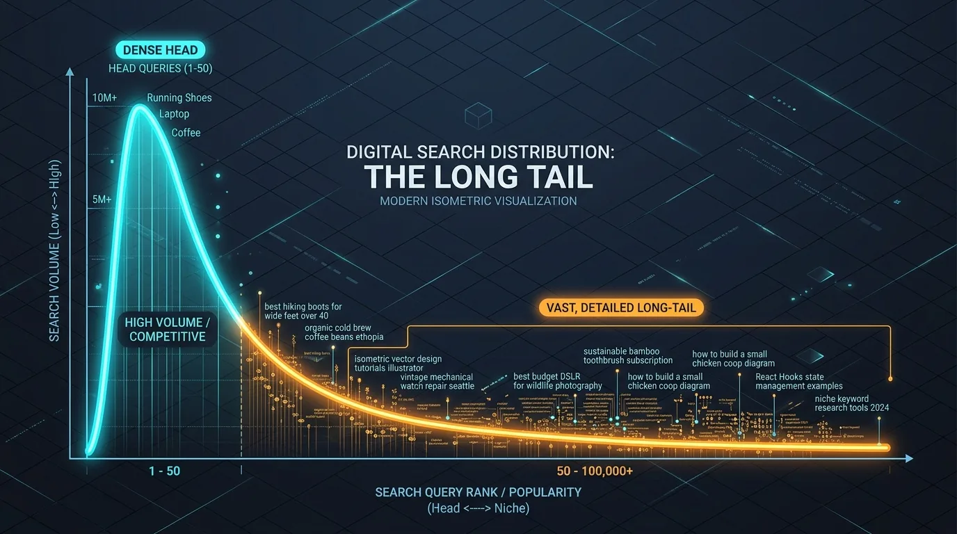 Graphic illustration of a long tail SEO keyword distribution curve showing high intent in niche searches.