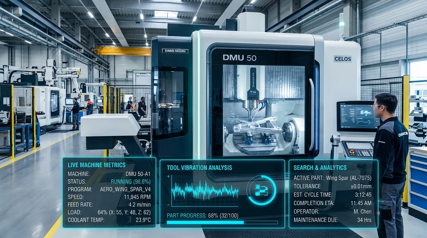 Modern CNC machine operating in a high-tech precision manufacturing plant with digital search metrics overlaid.