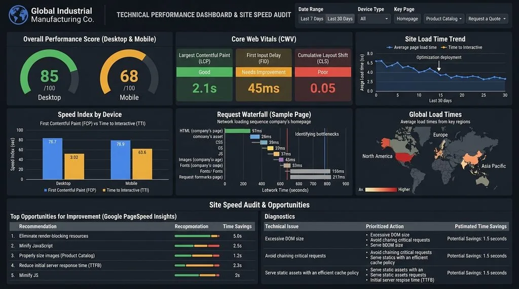 Technical website performance dashboard and site speed audit for an industrial manufacturing company.