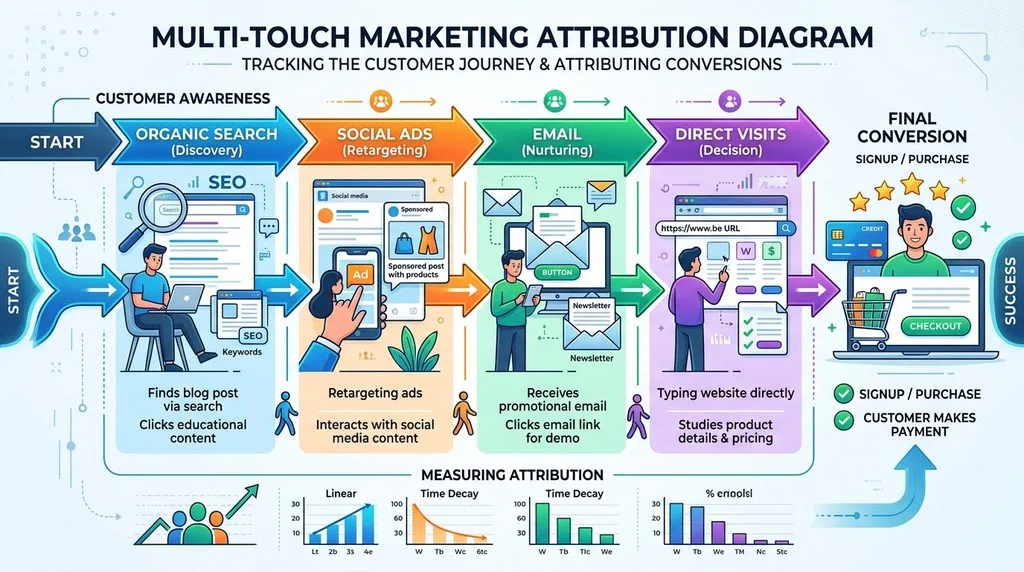 Multi-touch marketing attribution model diagram tracking customer conversion journey.