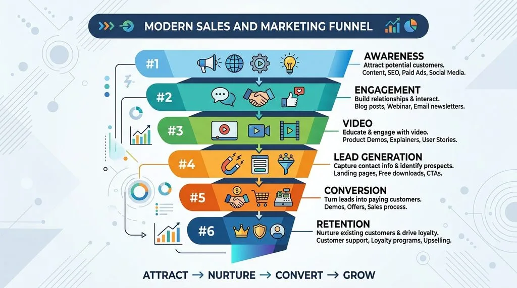 Visual representation of the six stages in a full-funnel marketing KPI framework.