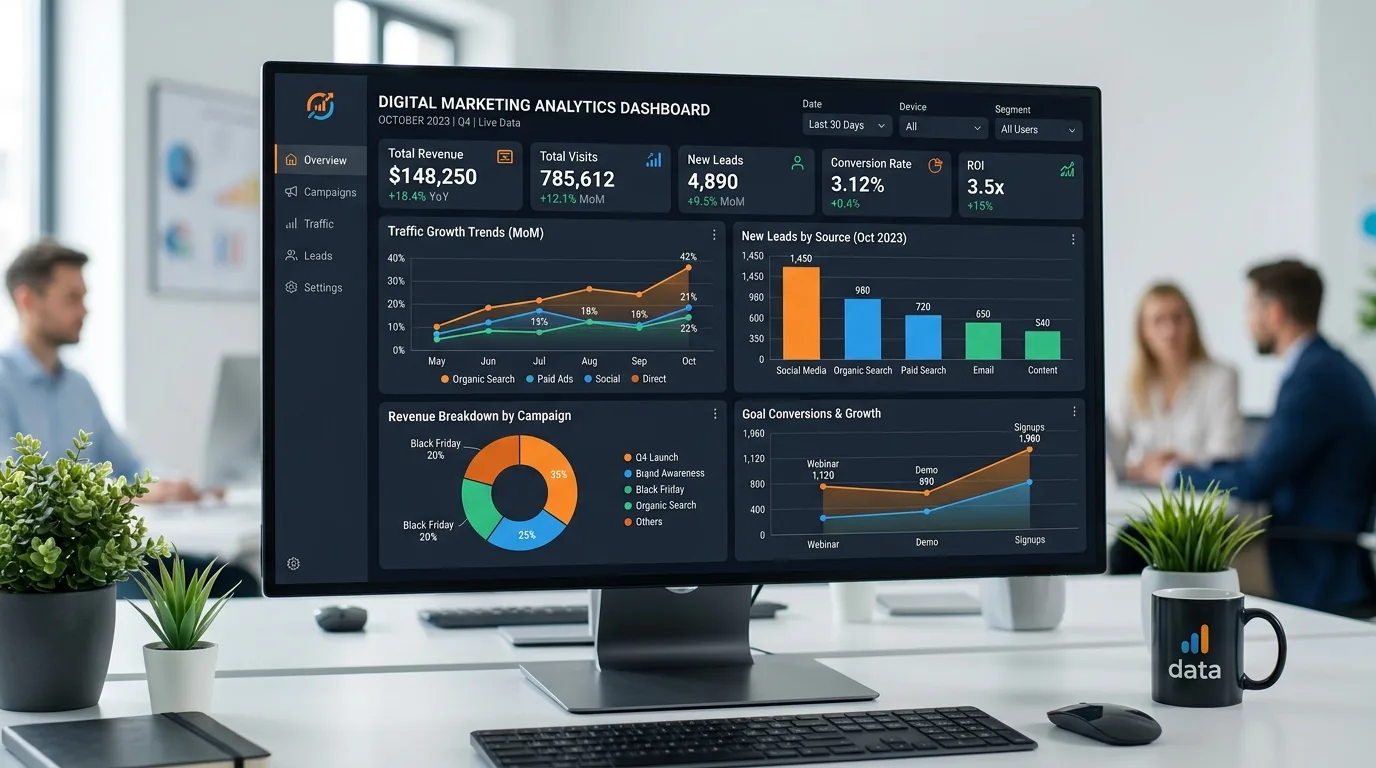 Modern digital marketing analytics dashboard displaying growth metrics and KPI charts.