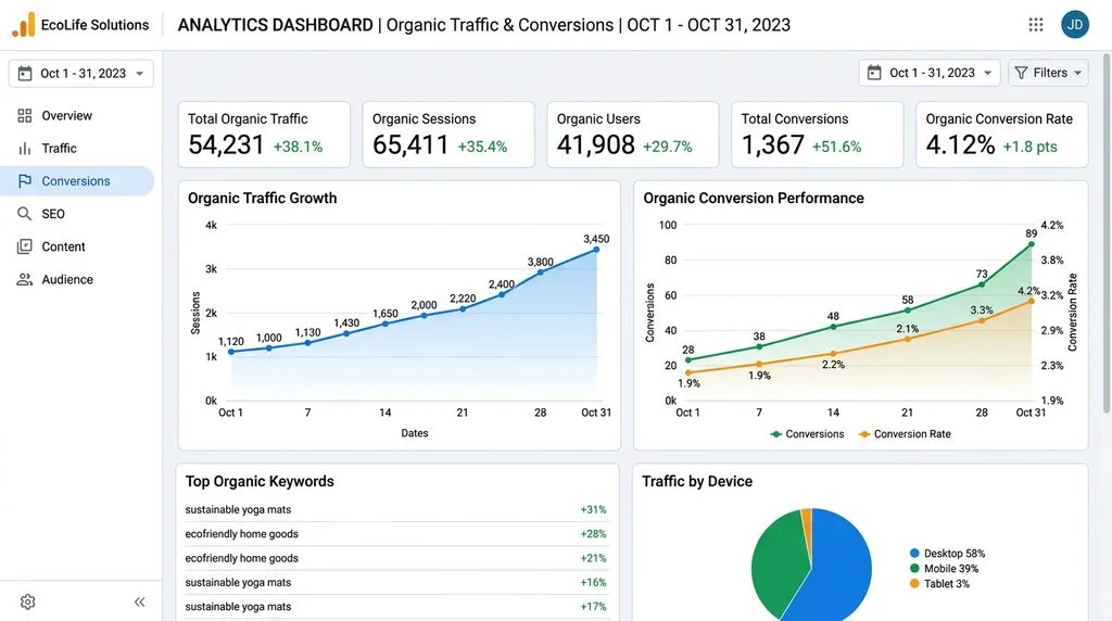 Analytics dashboard showing upward trending organic traffic and conversion metrics.