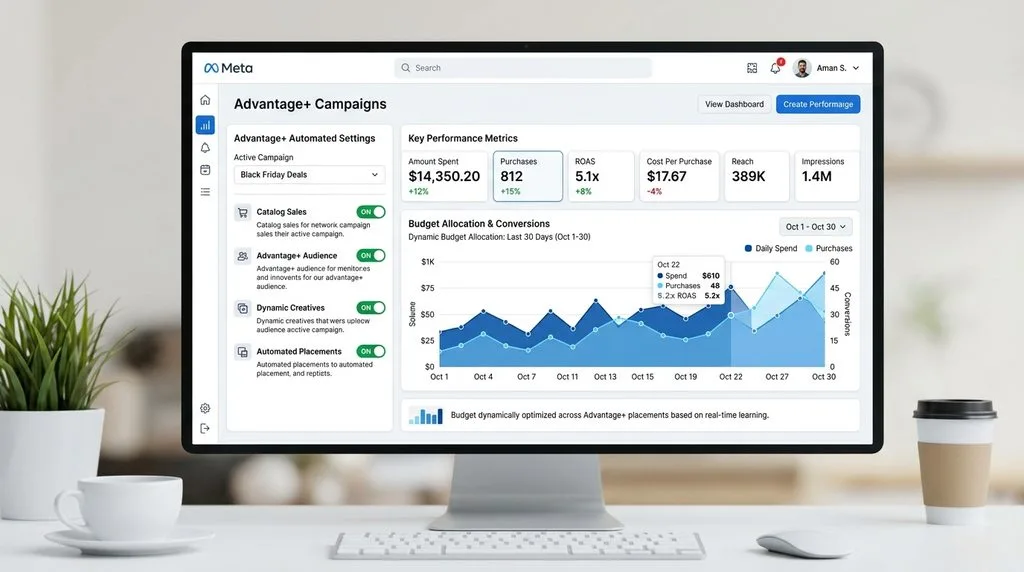 Meta Ad Center platform displaying Advantage+ automated campaign tools and advertising analytics.