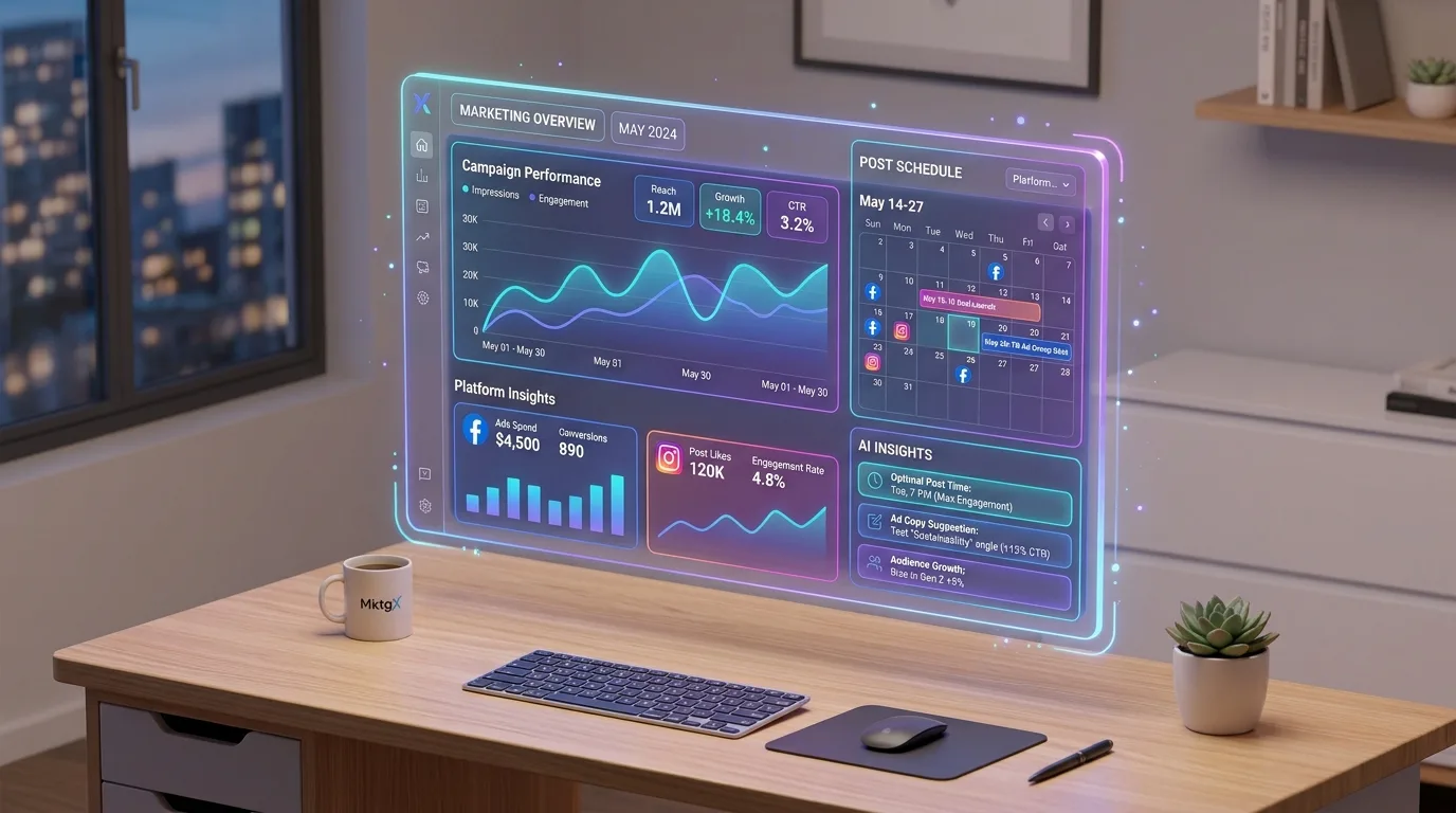 Modern 3D isometric overview of the Meta Business Suite 2026 dashboard interface.