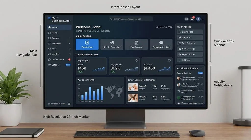 Meta Business Suite 2026 user interface and navigation bar on a desktop browser.