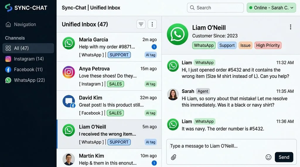 Meta Business Suite unified inbox displaying multi-platform customer messages and AI category tags.