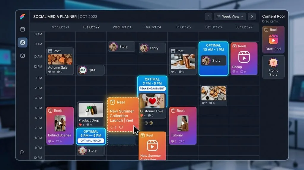 Social media content calendar within Meta Business Suite featuring optimal posting time suggestions.