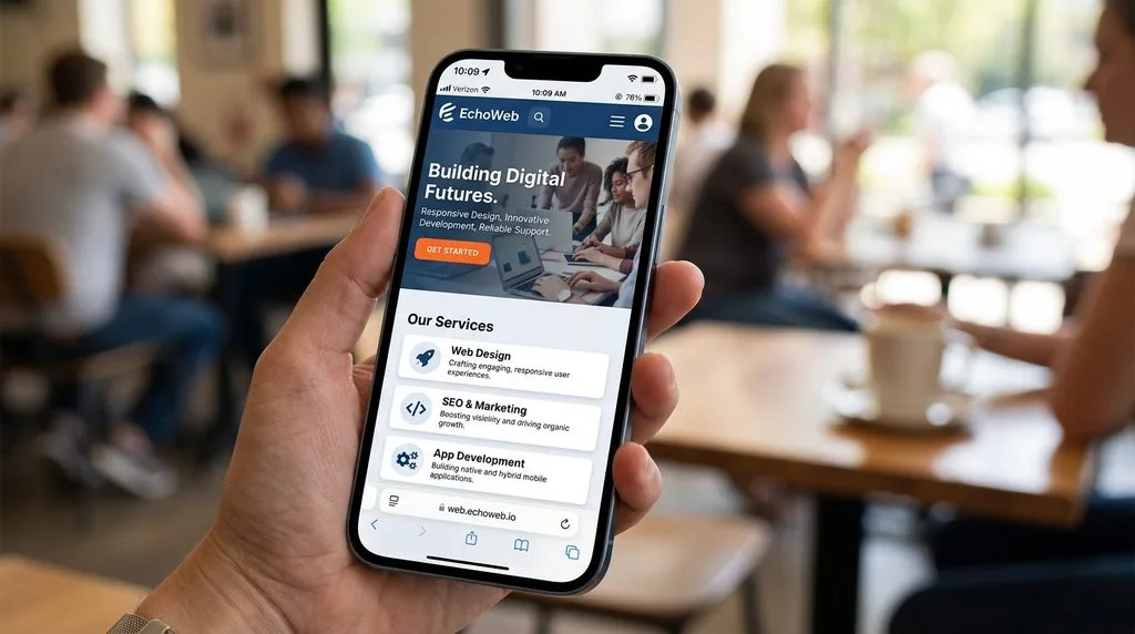 Responsive mobile website layout displayed on a smartphone screen.
