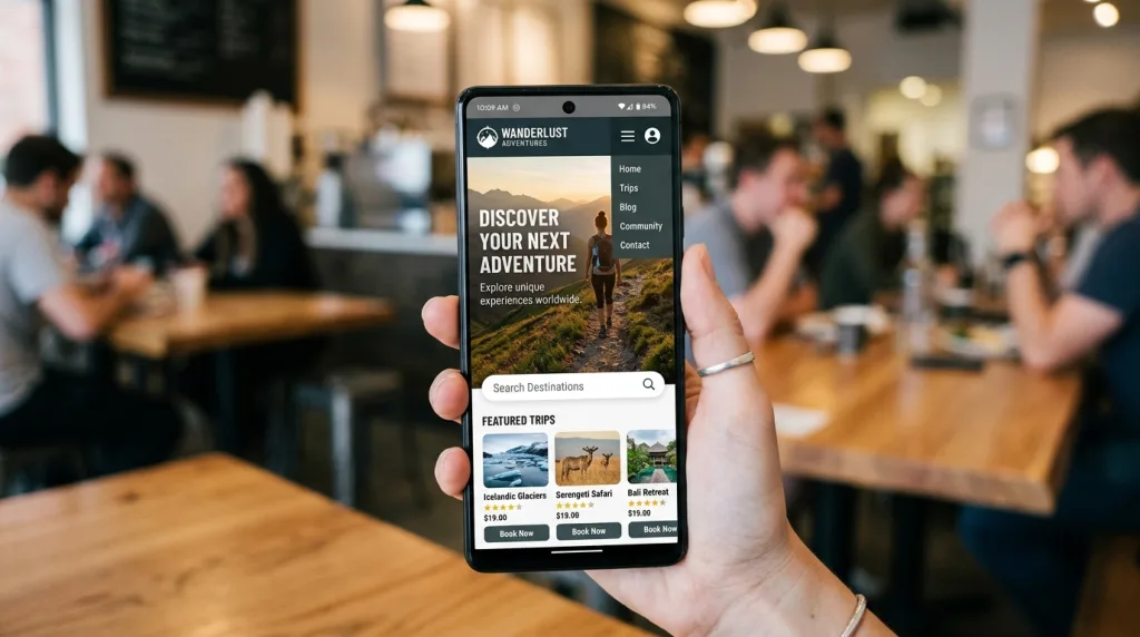Mobile-first responsive website design displayed on a modern smartphone.