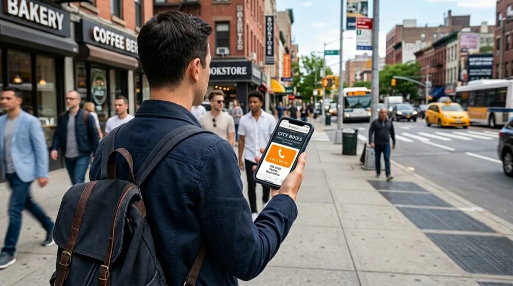 Pedestrian using a fast, mobile-friendly local business website on the go.